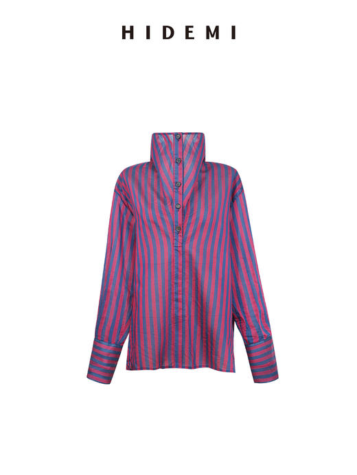 HIDEMI 酒红拼深藏蓝色织条纹极简立领设计感廓形纽扣多穿衬衫上衣 商品图7