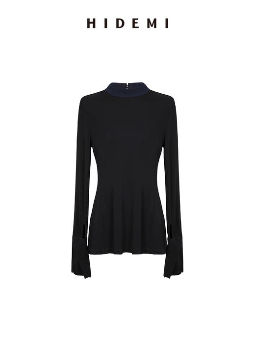 HIDEMI 进口顶级氨纶混纺纤维超顺滑弹力鱼尾袖极简立领拼接设计感纸片人上衣半裙伞裙套装 商品图10