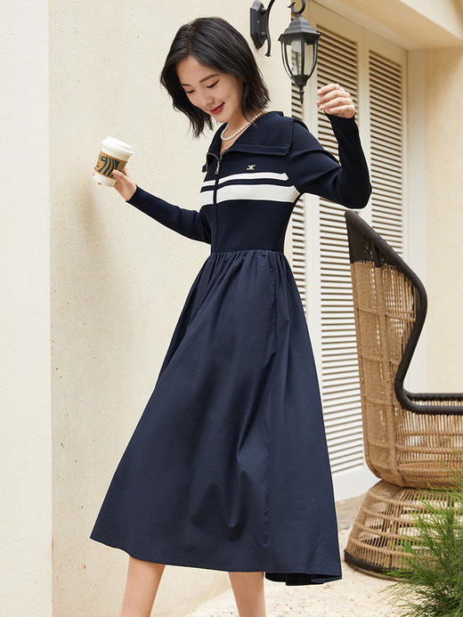 海军风撞色拉链针织连衣裙女 修身显瘦中长款气质长裙 商品图1