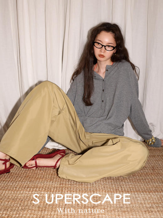 素舶 呼吸感莱塞尔撞色条纹宽松设计感堆褶亨利领长袖罩衫 商品图4