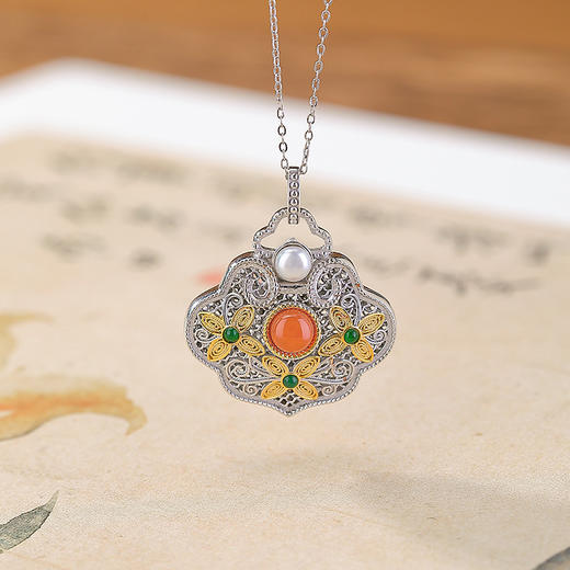 【如意之梦】S925纯银南红水红玛瑙珍珠如意镂空花纹吊坠【CW-DZ06763】 商品图1