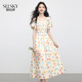 【专属特价】熙世界法式褶皱方领碎花连衣裙女2025夏日新款气质特别漂亮掐腰裙