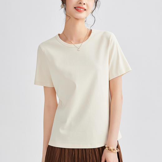 「自j」全新升级【铂金会员109/天猫149/差价40】(95207)洛诗琳夏季丝光棉T恤女2025夏季新款圆领纯色正肩显瘦上衣 商品图1