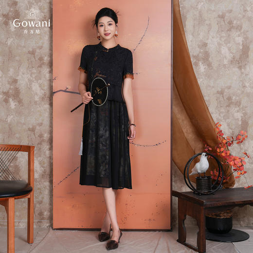 【水墨兰花】新工艺印染绣花假两件黑金配色真丝连衣裙ED2E546 商品图3