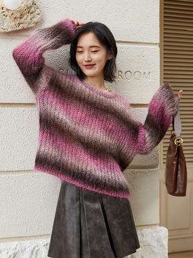 甜美风渐变色马海毛毛衣女 宽松圆领软糯长袖针织衫