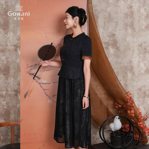 【水墨兰花】新工艺印染绣花假两件黑金配色真丝连衣裙ED2E546 商品图1