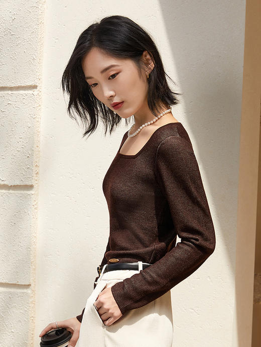 复古方领针织衫女 秋冬内搭长袖上衣 修身显瘦短款打底衫 商品图0