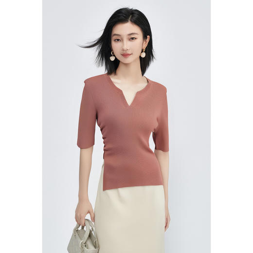 米思阳2025夏季新款设计感显瘦V领开叉针织T恤简约高级感上衣1005 商品图3