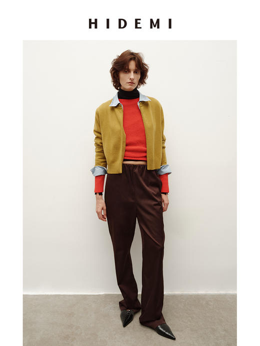 HIDEMI 乌木棕雾感缎面进口聚氨酯天丝棉松紧腰直筒裤长裤 商品图4