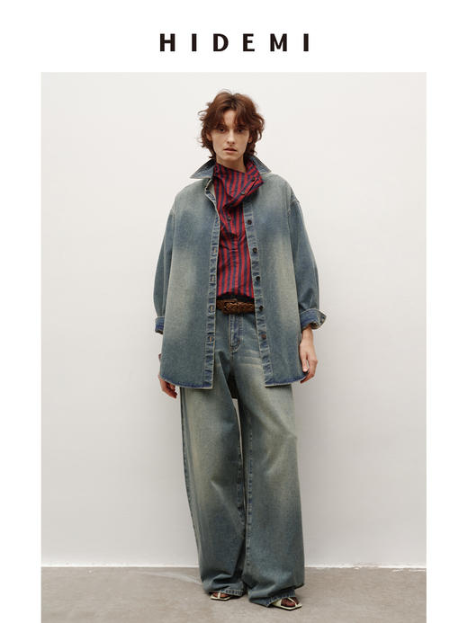 HIDEMI 多重水洗做旧感牛仔蓝泛白丹宁牛仔廓形外套式衬衫 商品图0