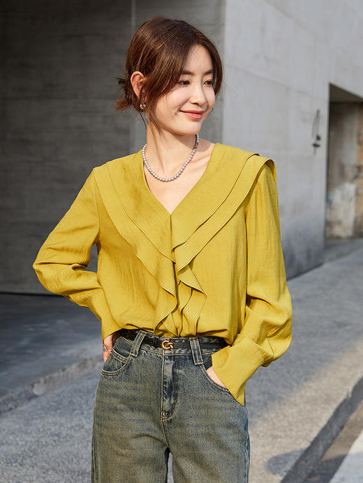 亮眼姜黄色 V 领衬衫！荷叶边设计 小众又时髦 商品图0