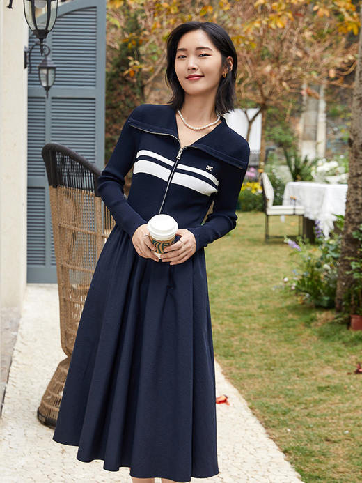 海军风撞色拉链针织连衣裙女 修身显瘦中长款气质长裙 商品图0