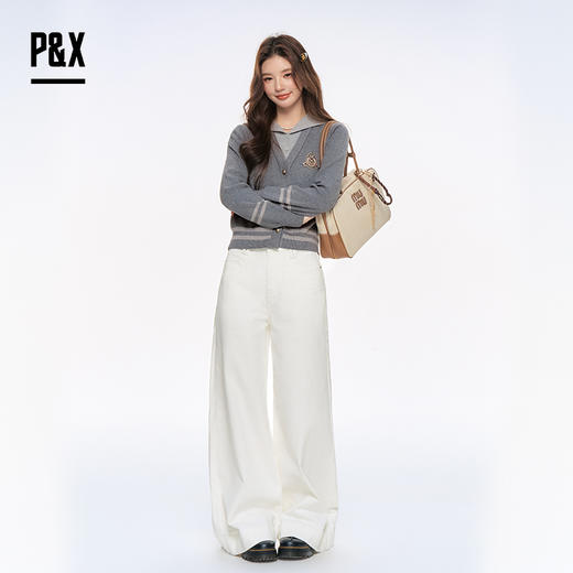 P&X设计师女装2025秋季学院风针织连帽短款毛衣825318185 灰色 商品图2