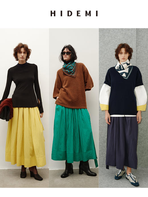 HIDEMI 【董生活同款】极简大伞状微褶皱艺术面料优雅时髦大花苞立裁褶皱半身长裙半身裙 商品图0