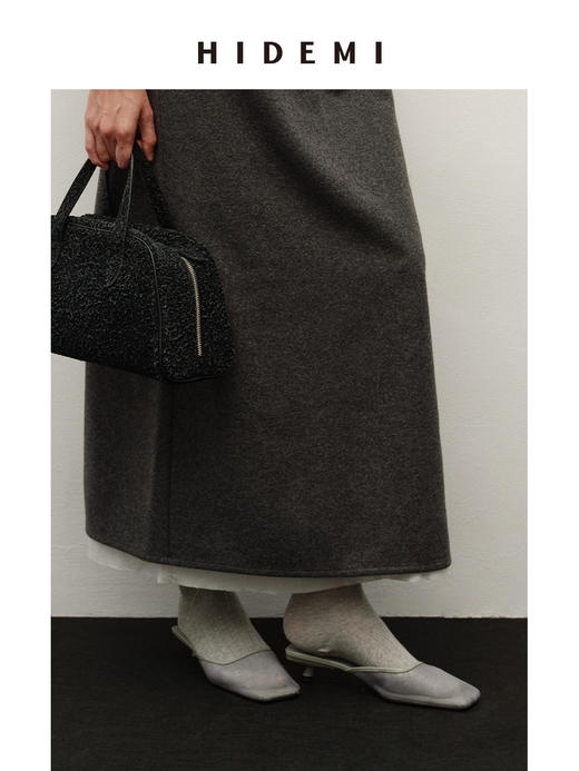 HIDEMI 高级灰极简方头进口小羊皮拼接手工镶嵌包边网纱小猫跟穆勒拖鞋 商品图1