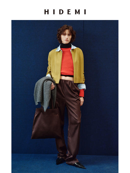 HIDEMI 乌木棕雾感缎面进口聚氨酯天丝棉松紧腰直筒裤长裤 商品图5