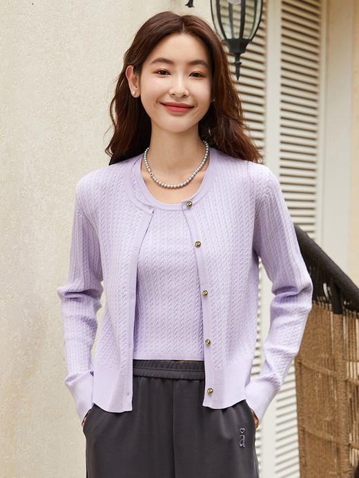 温柔淡紫色针织开衫外套女 春秋新款圆领单排扣修身外搭上衣 商品图0