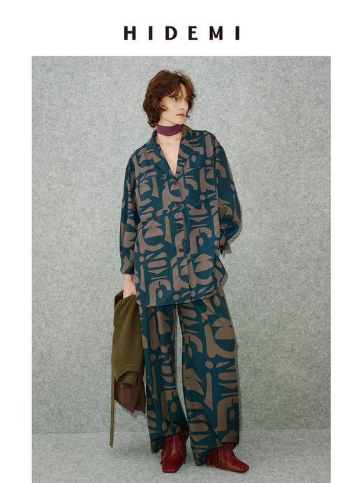 HIDEMI 我们做印花系列手绘纯原创抽象几何感艺术油画印花衬衫阔腿裤套装 商品图4