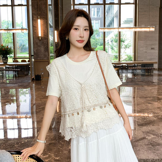 奢姿大码女装2025夏季镂空蕾丝气质两件套胖妹妹通勤时尚轻奢套装9952990445 商品图0