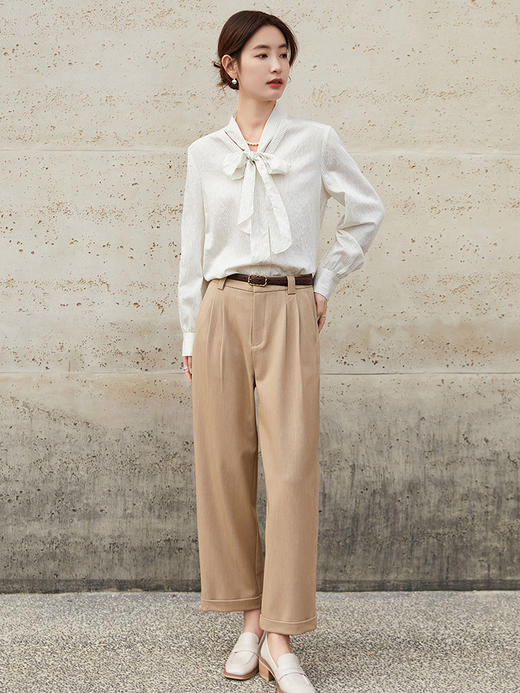 通勤风卡其色高腰阔腿西裤女 宽松直筒垂坠感长裤 商品图1