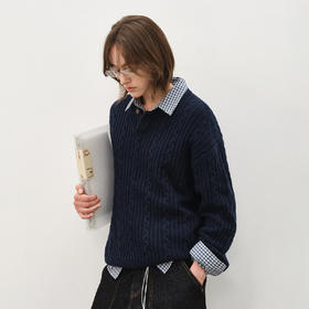 714street亨利领绵羊毛毛衣男 2025秋冬新款情侣绞花针织衫上衣女