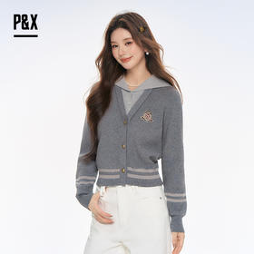 P&X设计师女装2025秋季学院风针织连帽短款毛衣825318185 灰色