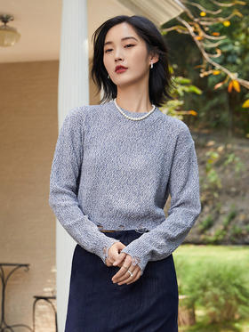 气质款灰色毛边针织衫女 宽松圆领长袖百搭上衣