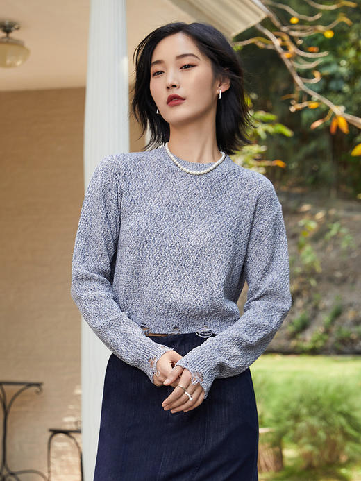 气质款灰色毛边针织衫女 宽松圆领长袖百搭上衣 商品图0