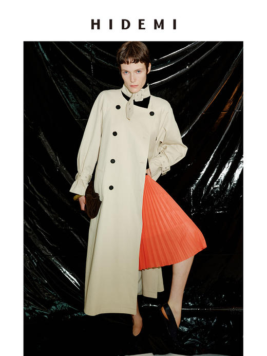 HIDEMI 进口棉立领扣头设计感双排扣廓形宽松经典英伦长款风衣 商品图3