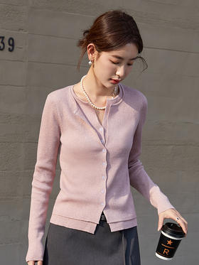 粉色亮丝针织开衫女秋季新款 修身显瘦不规则领长袖毛衣外套