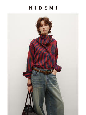HIDEMI 酒红拼深藏蓝色织条纹极简立领设计感廓形纽扣多穿衬衫上衣