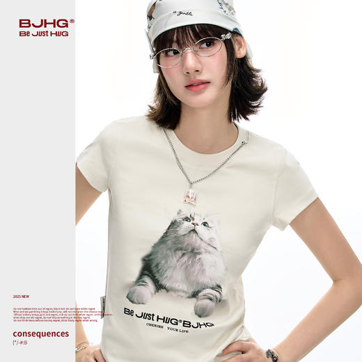 BJHG不计后果小猫抓鱼T恤短袖女款夏季微弹修身半袖凉感正肩T恤女 商品图1