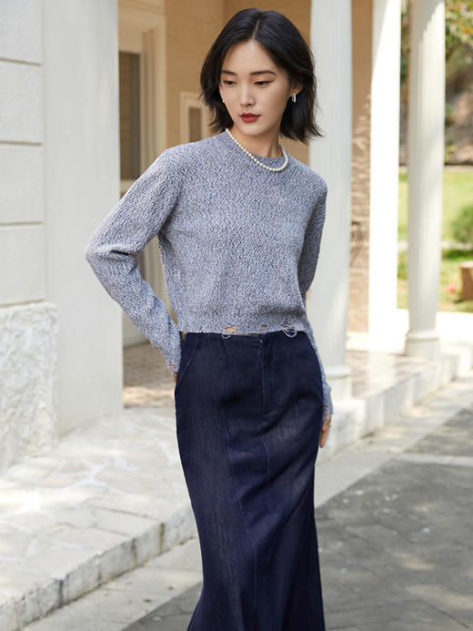 气质款灰色毛边针织衫女 宽松圆领长袖百搭上衣 商品图1