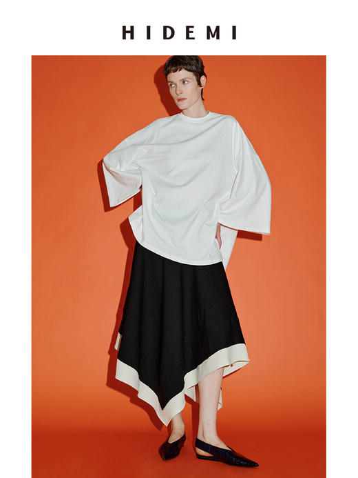 HIDEMI 进口可再生混纺纱线不对称黑白拼接设计感伞状经典时髦半身裙 商品图3