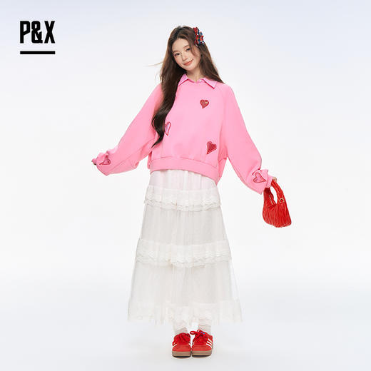 P&X设计师女装2025秋季新款甜美T恤两件套短款上衣825315169 粉色 商品图1