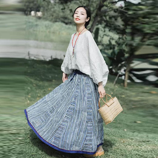 绽放旅行女装416朵/复活款·2019年印花提花亚麻全腰松紧半身裙女 商品图1