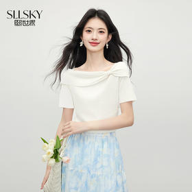 【07/16新品】熙世界蝴蝶结斜肩白色针织衫女薄款夏季短袖设计感别致一字肩上衣