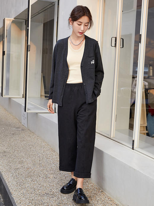 黑色阔腿九分裤女 卷边设计 适配条纹针织衫 慵懒休闲风 商品图1