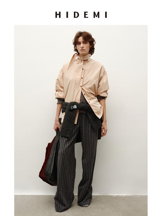 HIDEMI 进口粘胶极简设计感长剪刀领系带廓形宽松感肉桂裸粉色衬衫 商品图2