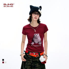 BJHG不计后果小猫抓鱼T恤短袖女款夏季微弹修身半袖凉感正肩T恤女
