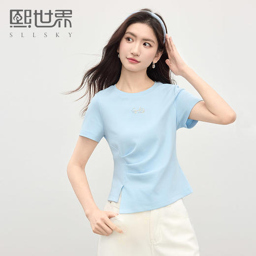 【07/16新品】熙世界设计感掐腰短袖T恤女2025夏季新款不规则褶皱正肩圆领上衣 商品图0