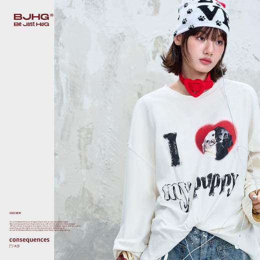 BJHG不计后果小狗趣味长袖t恤男款秋季基础打底设计感情侣装T恤女 商品图0