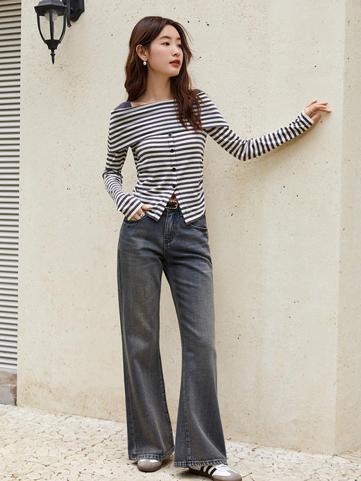 法式风情拉满！条纹一字肩长袖上衣，尽显慵懒优雅 商品图1