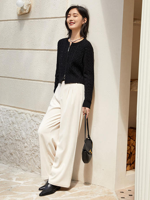 黑色亮片针织开衫女 短款拉链长袖上衣 春秋季修身显瘦毛衣外套 商品图1