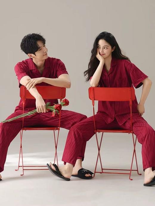 芬腾情侣短袖睡衣夏季纯棉套装女士男款蛇年本命年红色结婚家居服 商品图0