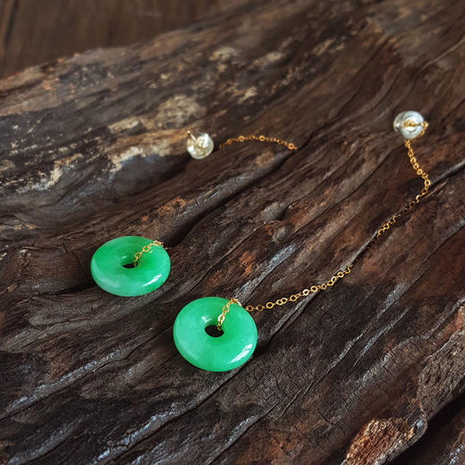 【天然正品】AU750黄金镶天然细腻糯种满绿平安扣翡翠耳坠91.3*13.5*3.8MM（皆取最大值）女性现售价：1580特价！090425AH80 商品图5