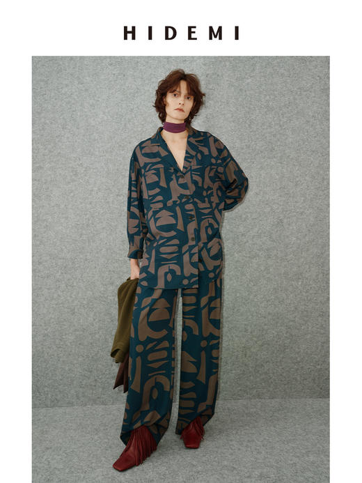HIDEMI 我们做印花系列手绘纯原创抽象几何感艺术油画印花衬衫阔腿裤套装 商品图0