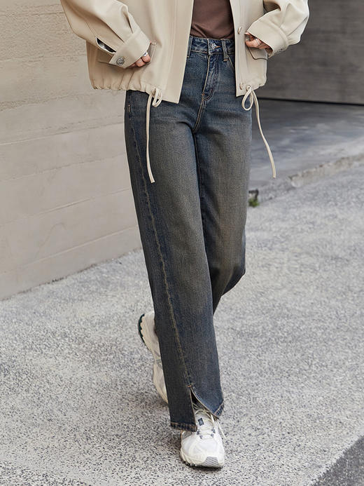 韩系高腰直筒开叉牛仔裤女 复古做旧宽松显瘦拖地阔腿长裤 商品图0