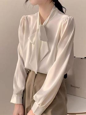 【新品推荐】吉妮品牌-034仿真丝缎面顺滑系蝴蝶结长袖小衫-喜出