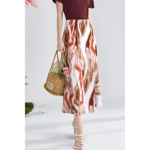 米思阳2026春新款时尚粉色印花中长裙顺滑显瘦百搭半身裙1814 商品图1